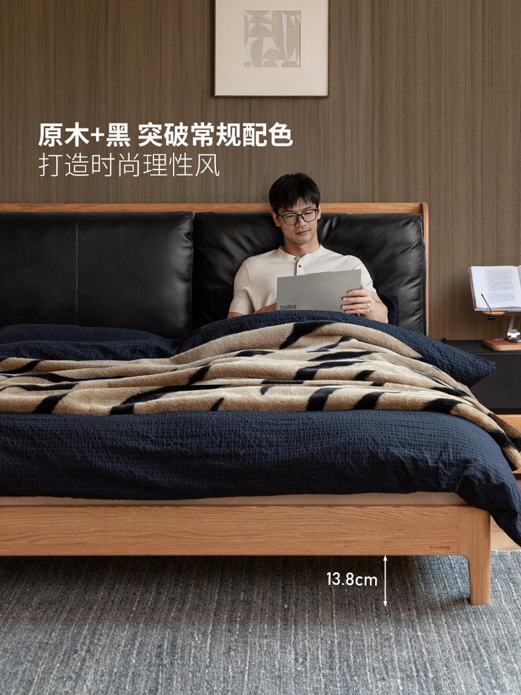 实木床现代简约橡木双人床多功能软包床真皮大床卧室家具