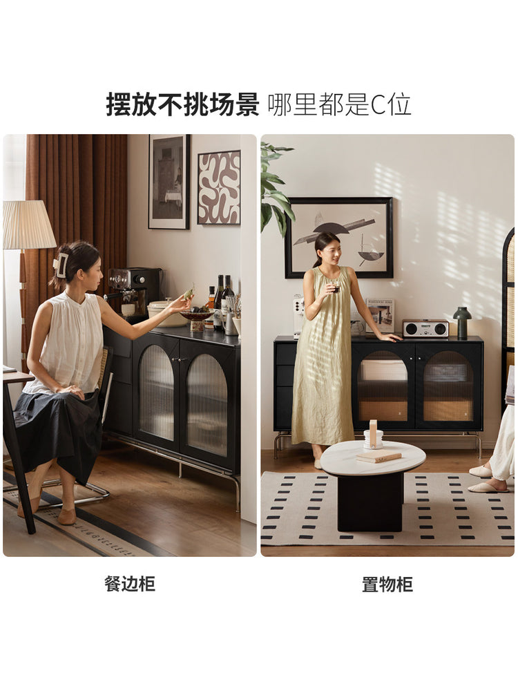 实木餐边柜餐厅黑色茶水柜置物柜法式复古收纳储物柜