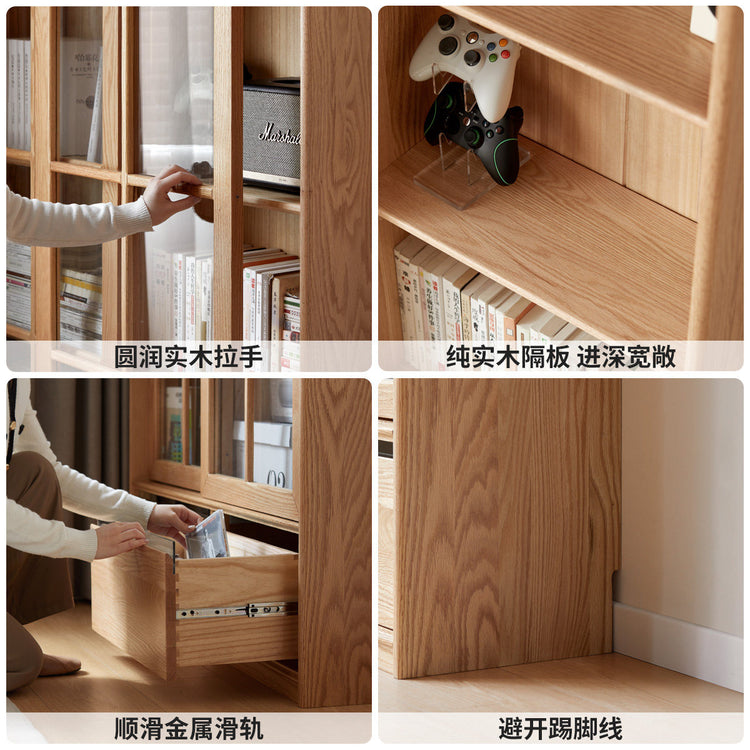实木书柜现代简约移门收纳柜书房落地靠墙玻璃门展示柜