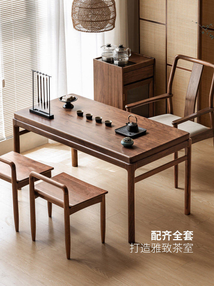 实木茶桌客厅新中式茶台餐桌两用黑胡桃木茶桌椅组合
