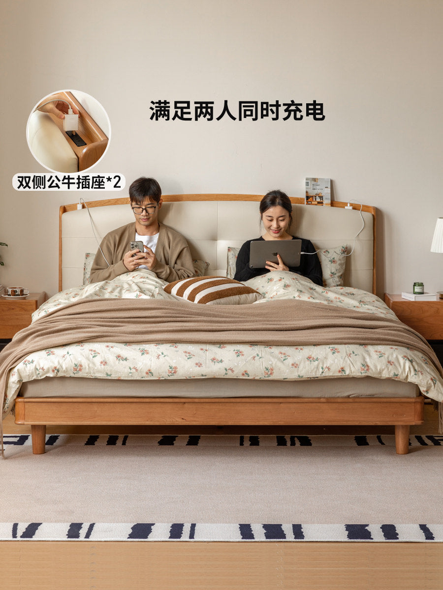 实木床复古樱桃木软靠床多功能双人床卧室中古大床
