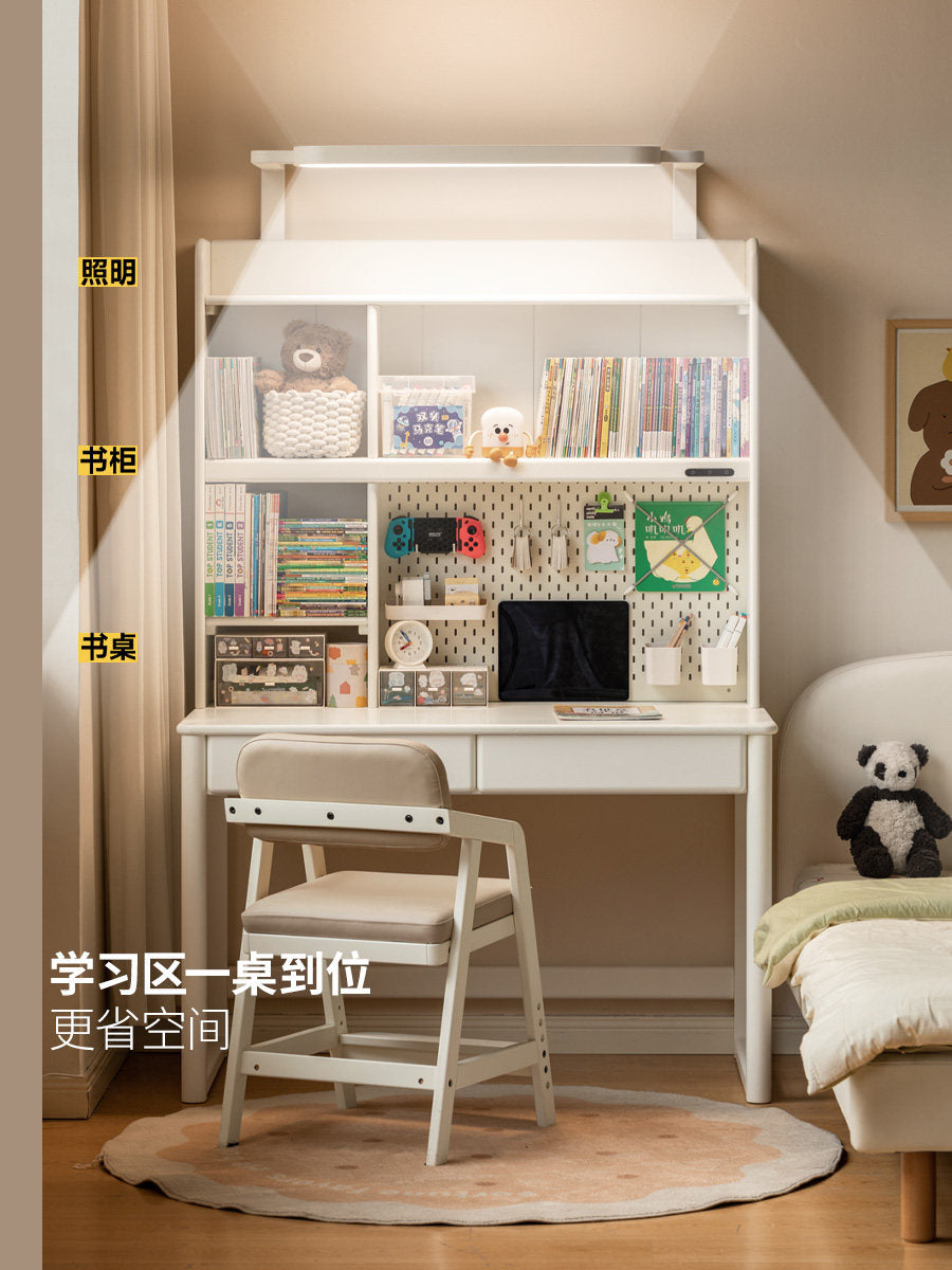 实木儿童学习桌书桌书架大路灯一体桌白色带灯阳光桌