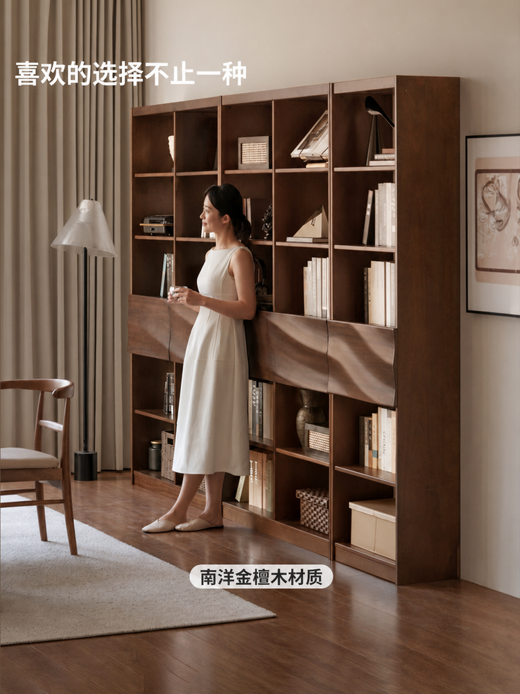 实木书架意式轻奢黑胡桃木组合置物柜书房落地靠墙博古架