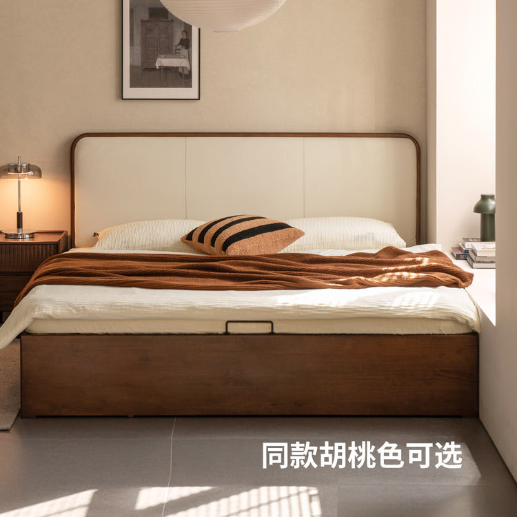 实木床现代简约软靠床卧室橡木真皮床全开带抽箱体床