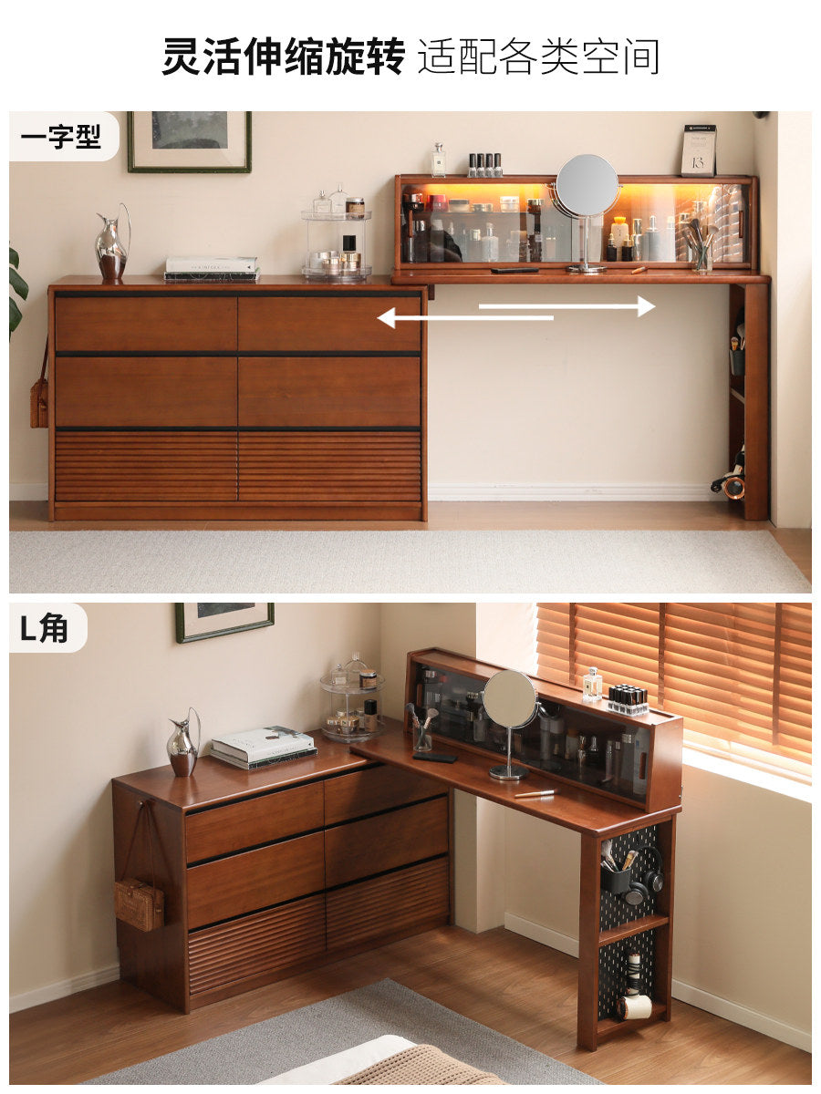 Solid wood dressing table and chest of drawers with integrated pegboard, minimalist vintage-style bedroom corner vanity with lights