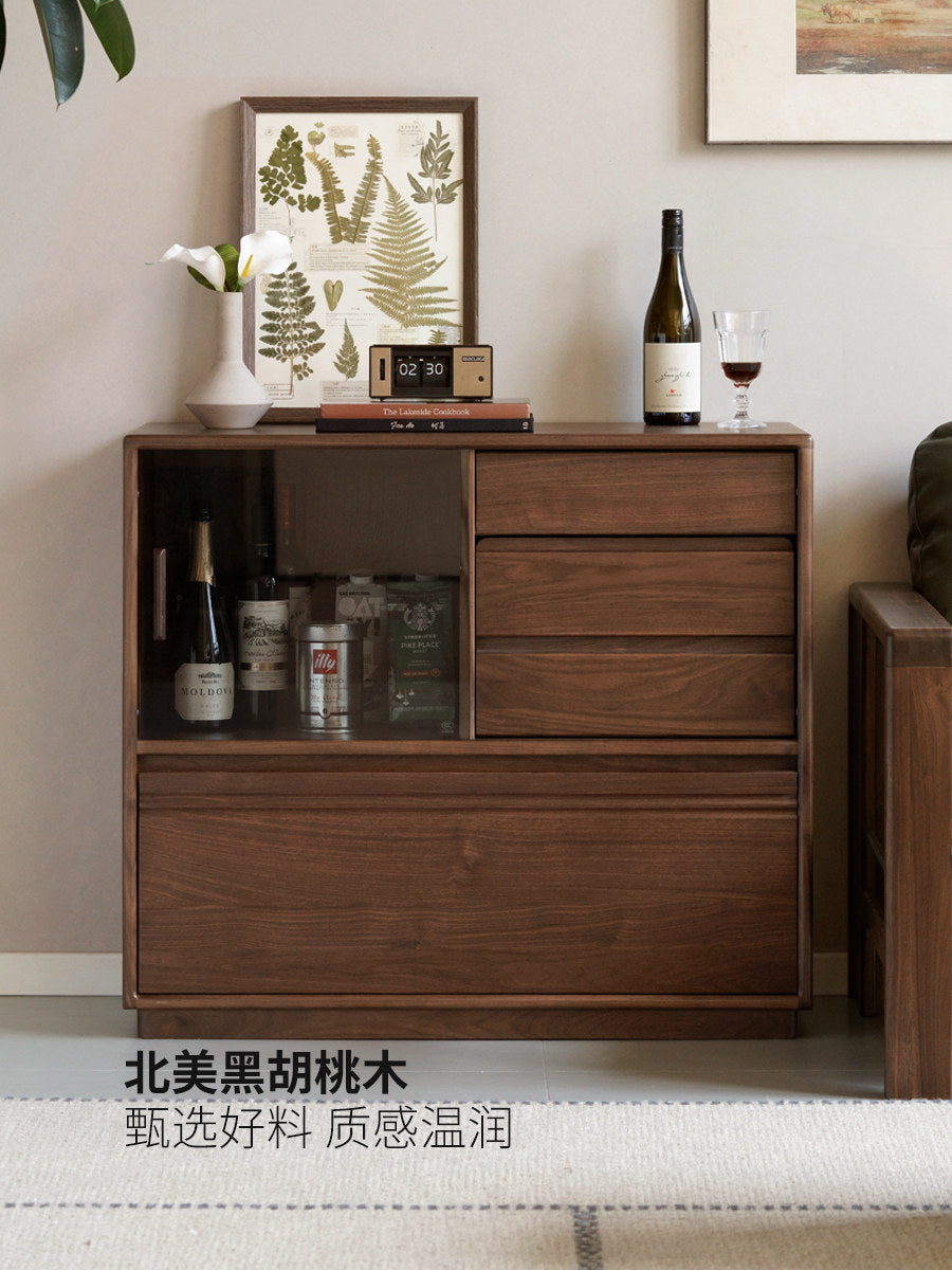 实木边柜客厅现代简约黑胡桃木展示柜落地收纳储物抽屉柜