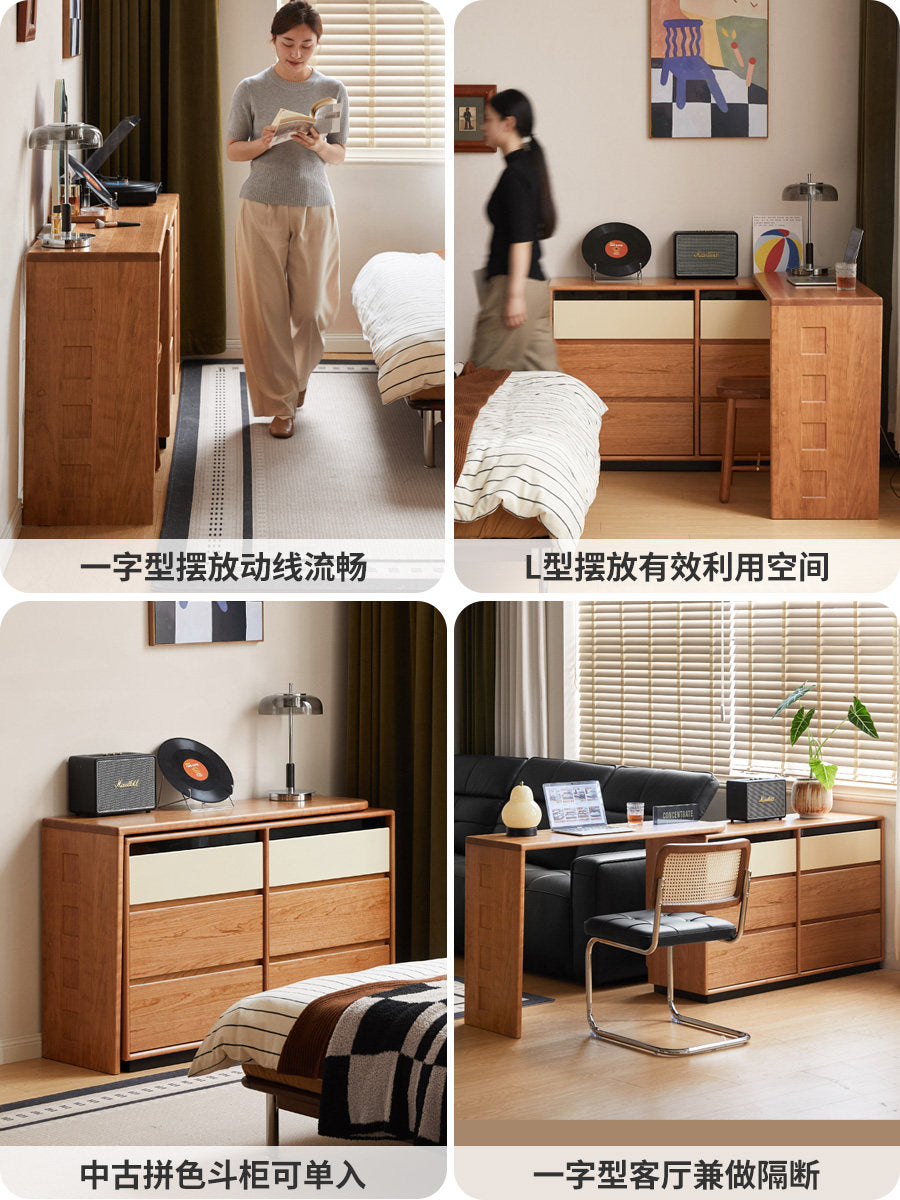 Solid Wood Makeup Vanity, Modern Minimalist 6-Drawer Dressing Table, Cherry Wood Bedroom Vanity Table
