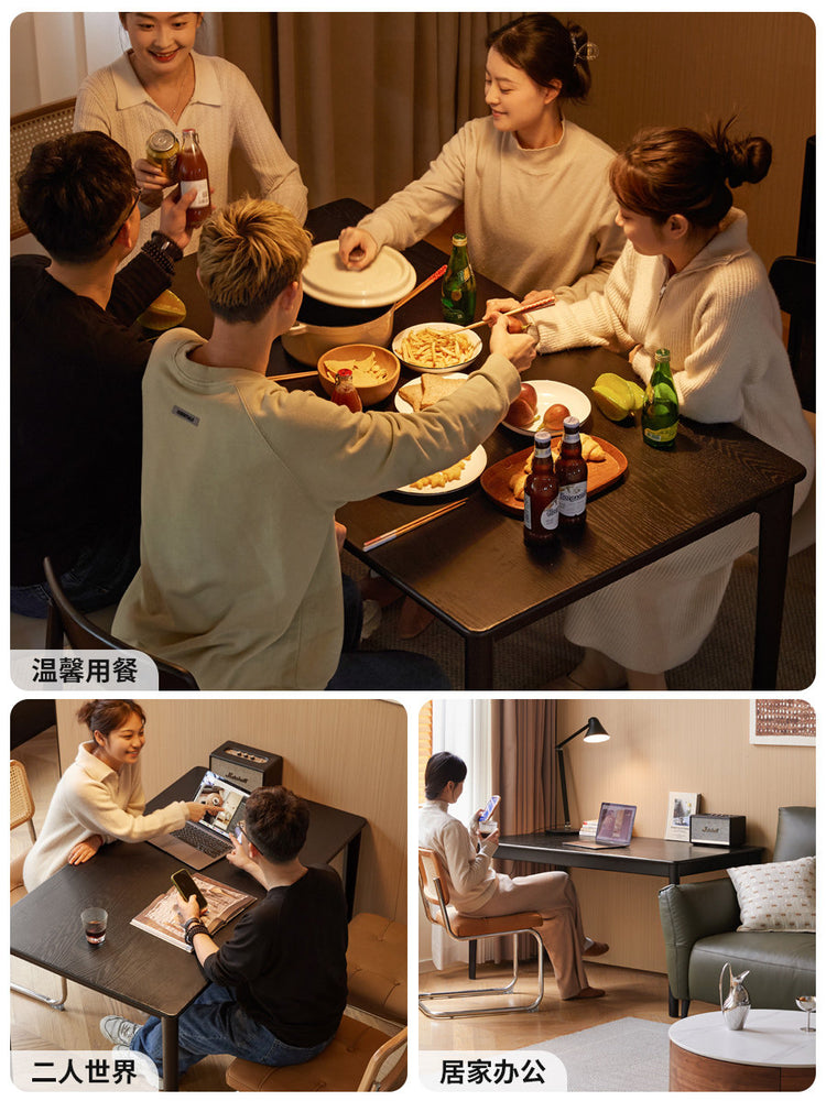 实木餐桌餐厅长方形靠墙饭桌橡木黑色轻奢吃饭桌子