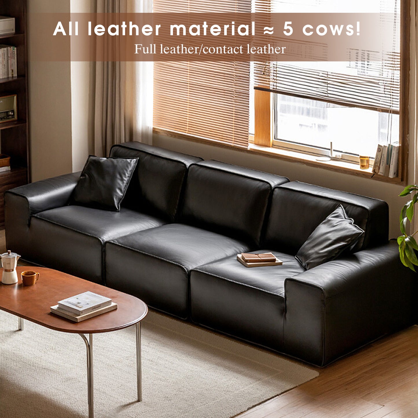 Big Black Leather Sofa, Genuine Top-Grain Cowhide, Feather Cushioning, for Small Living Rooms, with Extra Large Seat, Easy for Tall Users to Sit Up