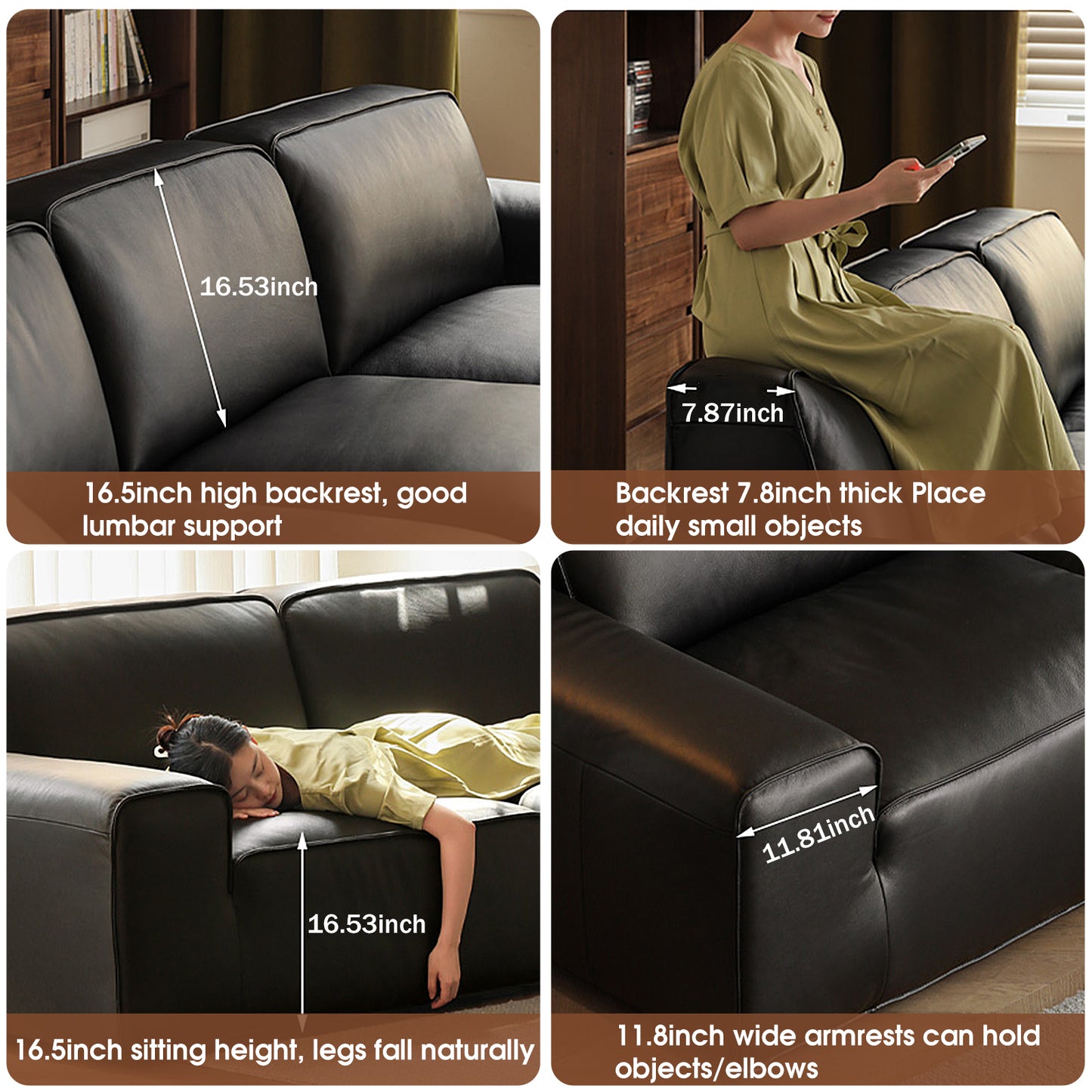 Big Black Leather Sofa, Genuine Top-Grain Cowhide, Feather Cushioning, for Small Living Rooms, with Extra Large Seat, Easy for Tall Users to Sit Up