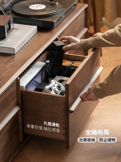 源氏木语实木电视柜客厅意式轻奢地柜黑胡桃木落地骨骼线电视机柜