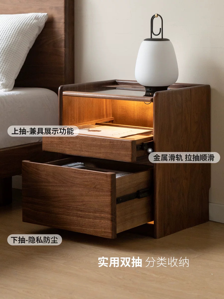 源氏木语实木床头柜轻奢风带插座床边小柜子黑胡桃木家用抽屉柜