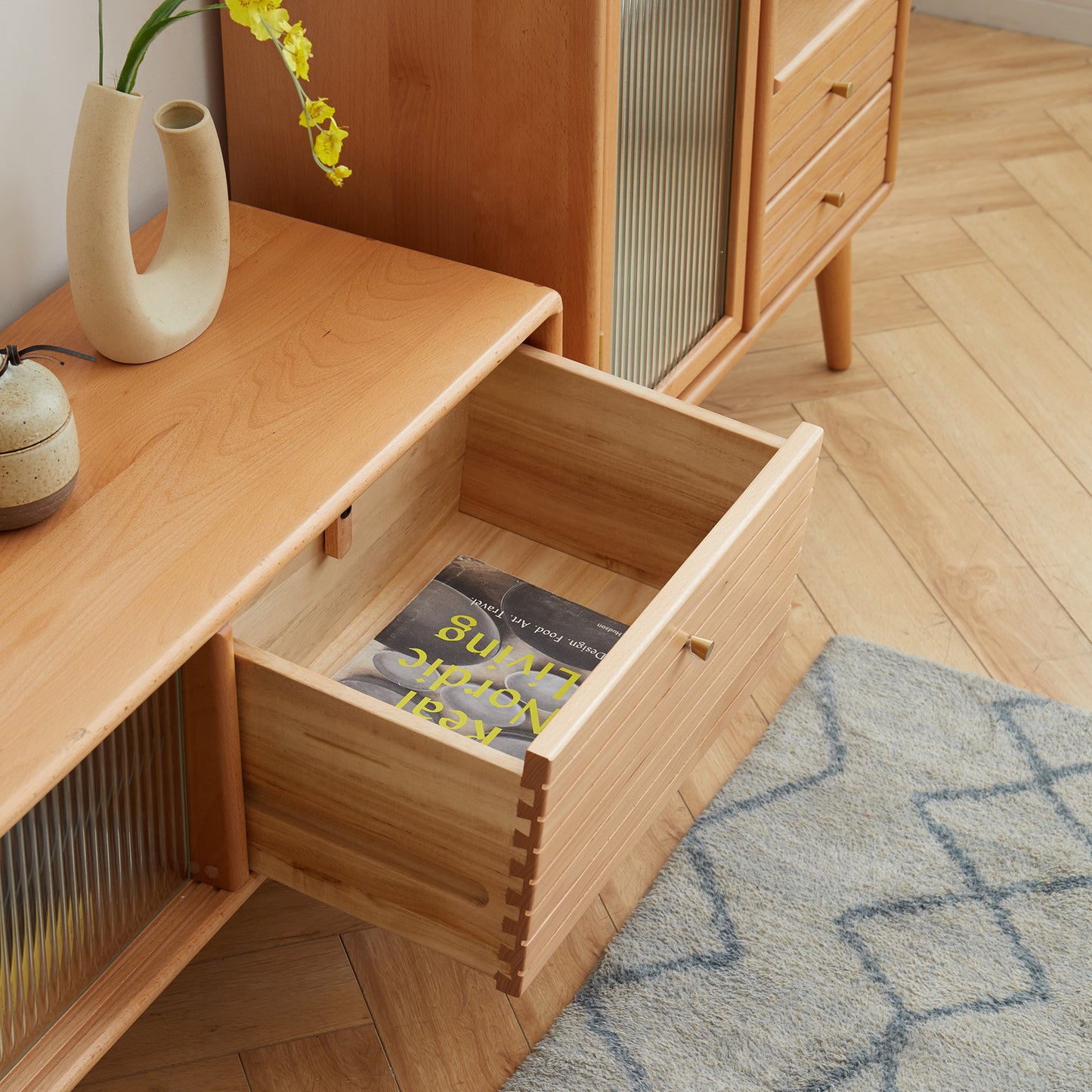 North America A Grade Solid Beech TV Cabinet With Chinese Changhong Glass Doors, Two Drawer Storage Space TV Standing