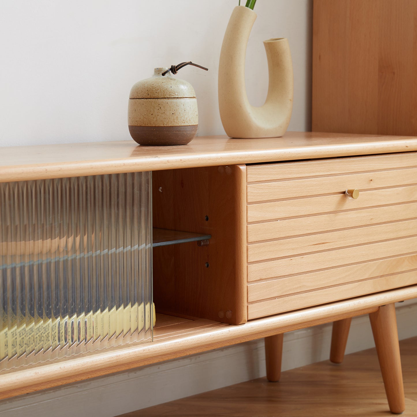North America A Grade Solid Beech TV Cabinet With Chinese Changhong Glass Doors, Two Drawer Storage Space TV Standing