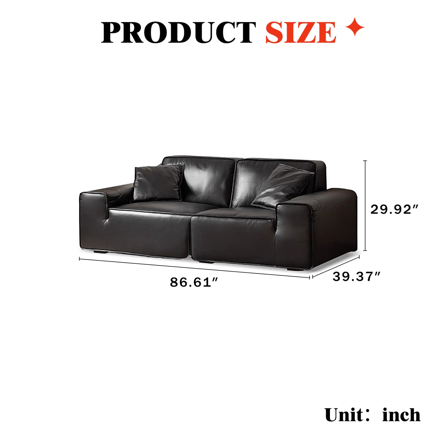 Big Black Leather Sofa, Genuine Top-Grain Cowhide, Feather Cushioning, for Small Living Rooms, with Extra Large Seat, Easy for Tall Users to Sit Up