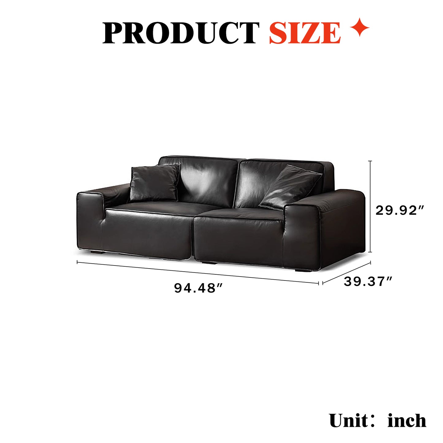 Big Black Leather Sofa, Genuine Top-Grain Cowhide, Feather Cushioning, for Small Living Rooms, with Extra Large Seat, Easy for Tall Users to Sit Up