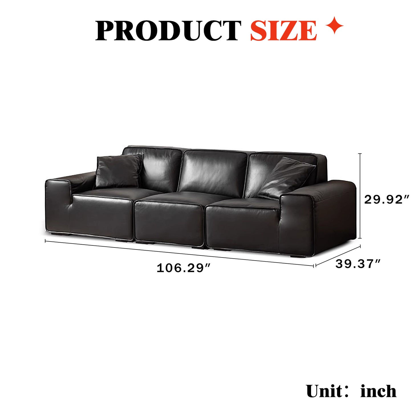 Big Black Leather Sofa, Genuine Top-Grain Cowhide, Feather Cushioning, for Small Living Rooms, with Extra Large Seat, Easy for Tall Users to Sit Up