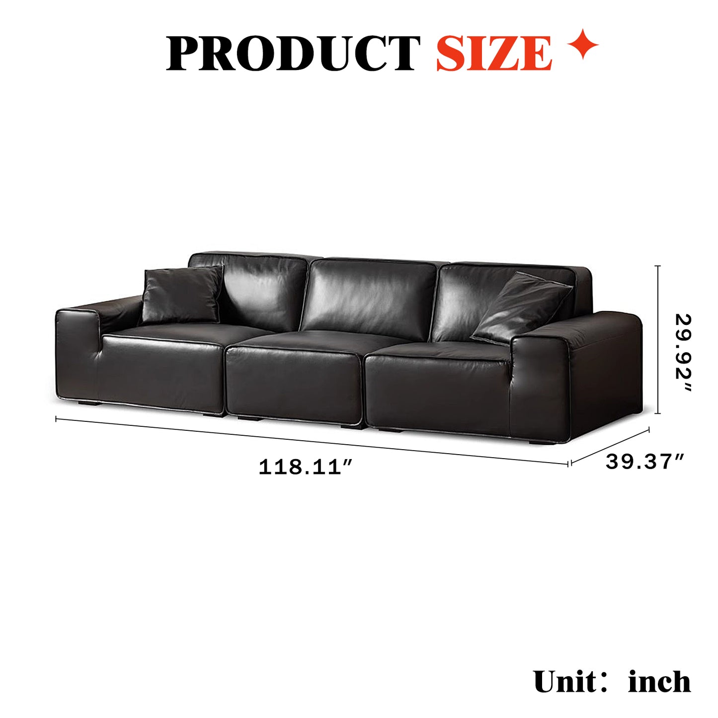 Big Black Leather Sofa, Genuine Top-Grain Cowhide, Feather Cushioning, for Small Living Rooms, with Extra Large Seat, Easy for Tall Users to Sit Up