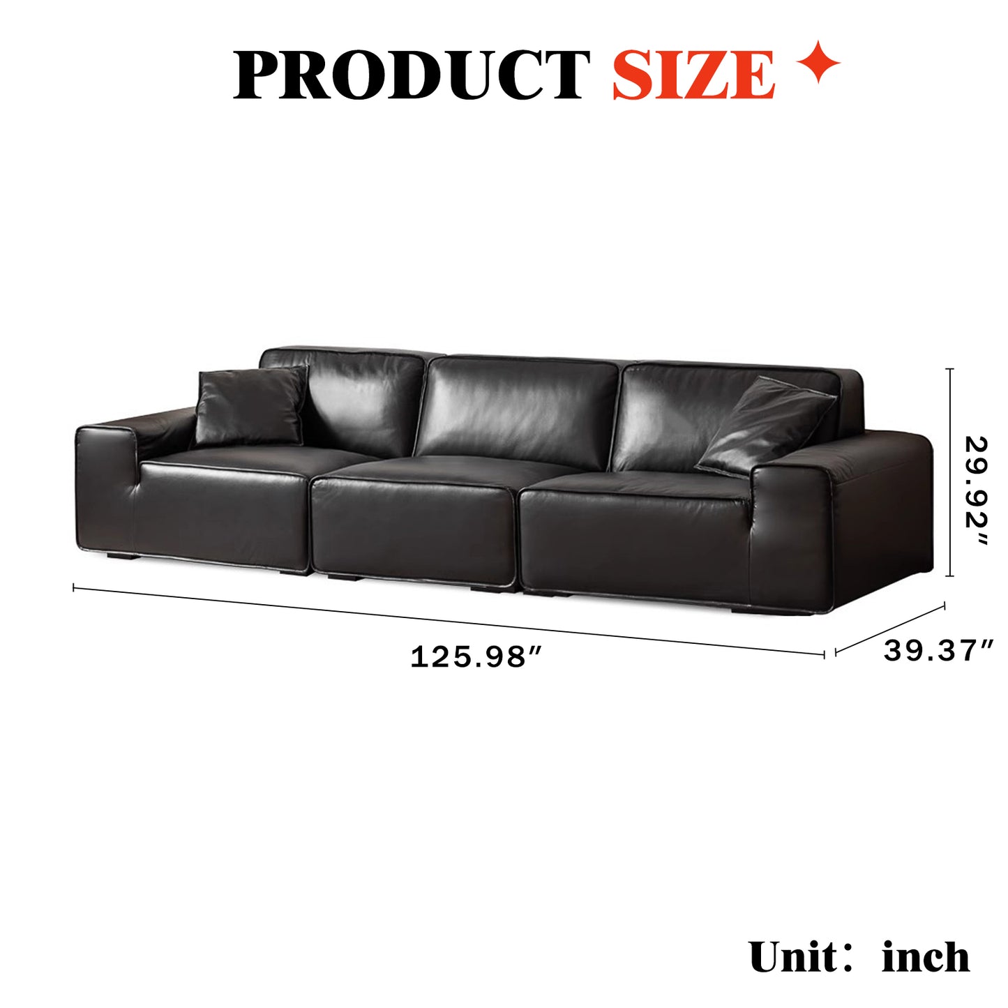 Big Black Leather Sofa, Genuine Top-Grain Cowhide, Feather Cushioning, for Small Living Rooms, with Extra Large Seat, Easy for Tall Users to Sit Up