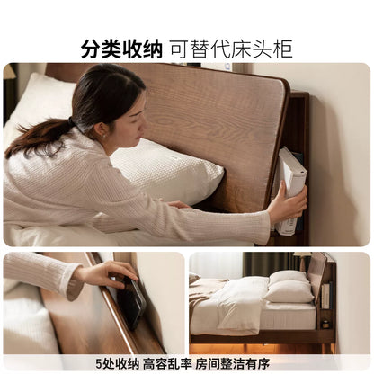 源氏木语实木床现代简约橡木胡桃色大床北欧小户型卧室家具单人床