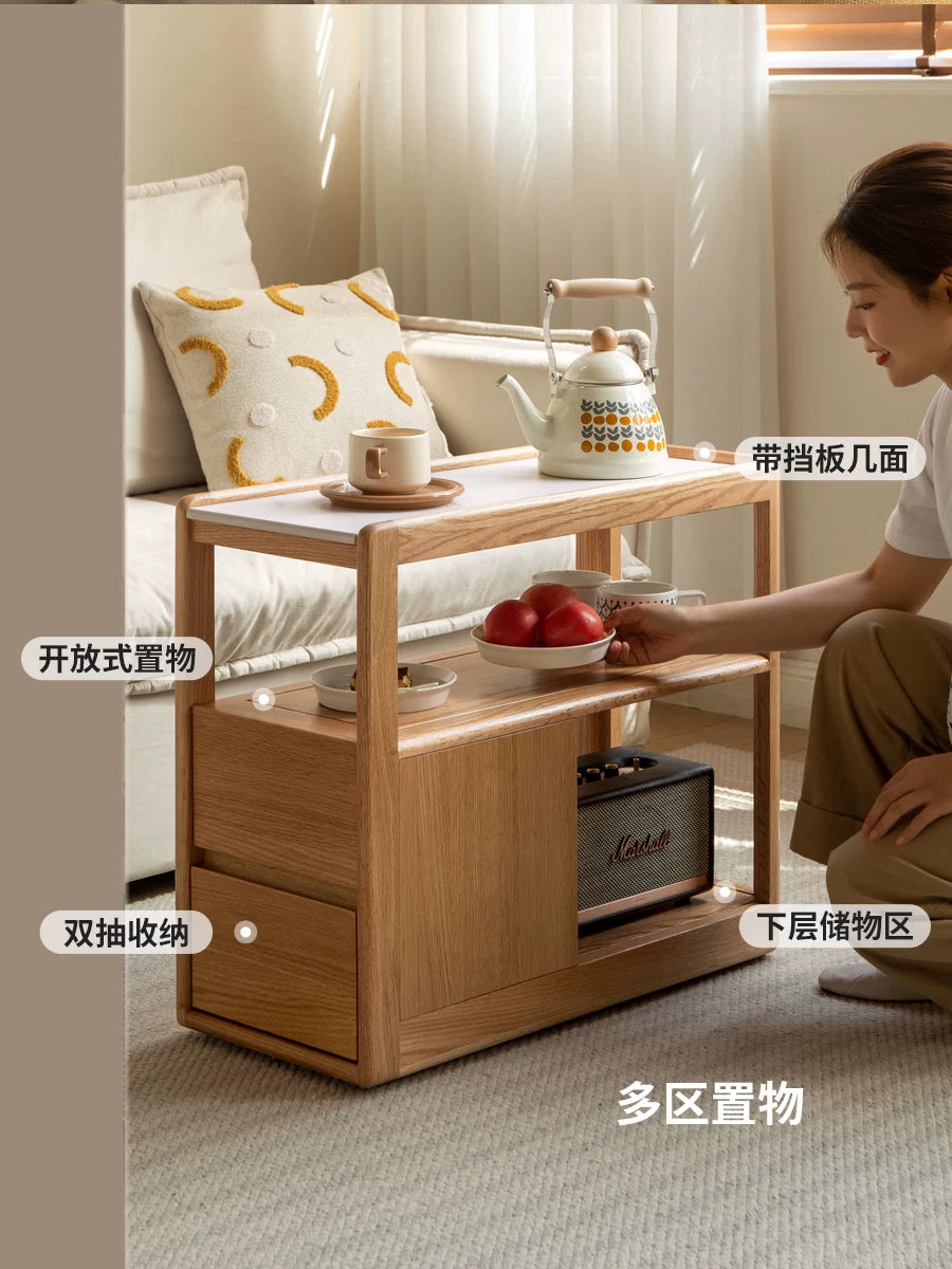 源氏木语实木沙发边柜岩板侧边几北欧小户型客厅角几可移动窄边桌