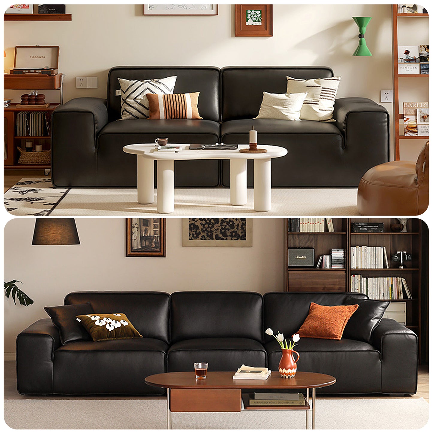 Big Black Leather Sofa, Genuine Top-Grain Cowhide, Feather Cushioning, for Small Living Rooms, with Extra Large Seat, Easy for Tall Users to Sit Up