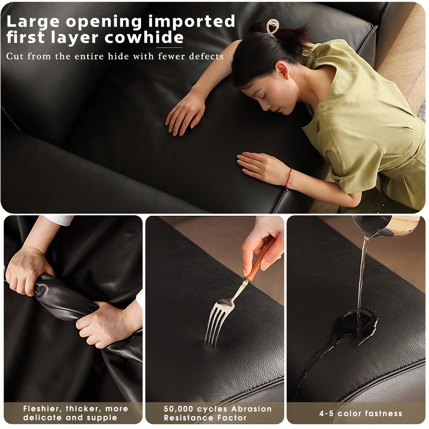 Big Black Leather Sofa, Genuine Top-Grain Cowhide, Feather Cushioning, for Small Living Rooms, with Extra Large Seat, Easy for Tall Users to Sit Up