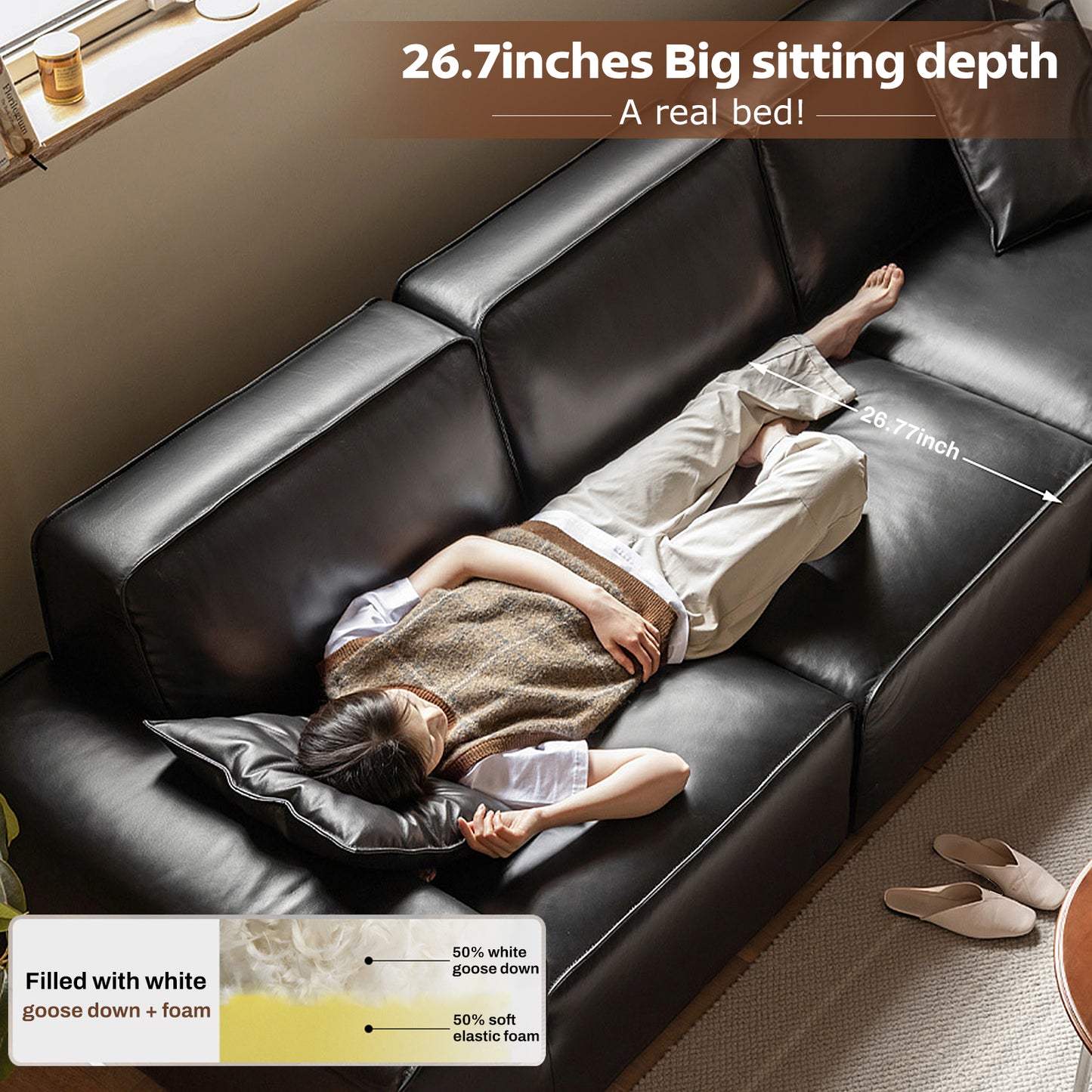 Big Black Leather Sofa, Genuine Top-Grain Cowhide, Feather Cushioning, for Small Living Rooms, with Extra Large Seat, Easy for Tall Users to Sit Up