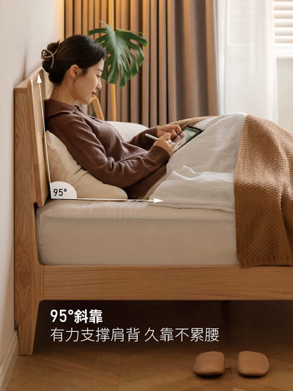 源氏木语实木床橡木主卧原木双人床简约斜靠大板床家用高靠背大床