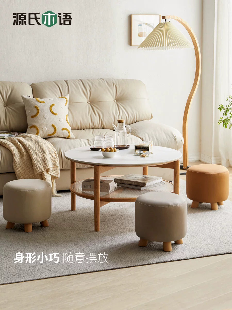 源氏木语实木凳子现代简约餐凳客厅门口换鞋凳家用科技布舒适圆凳