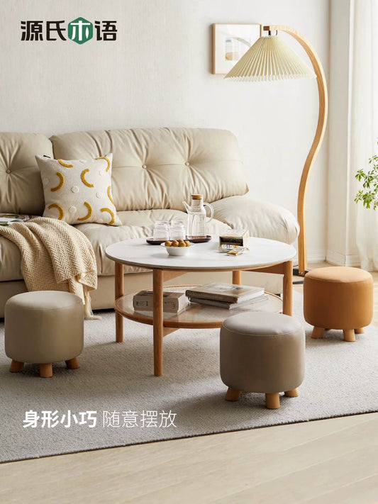 源氏木语实木凳子现代简约餐凳客厅门口换鞋凳家用科技布舒适圆凳