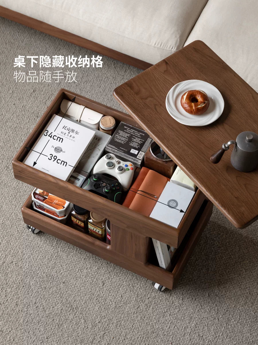 源氏木语实木边几可升降旋转茶几黑胡桃木侧边桌客厅可移动小推车