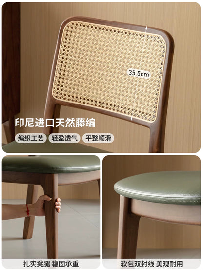 源氏木语实木餐椅黑胡桃木复古藤编椅餐厅吃饭靠背椅家用软包椅