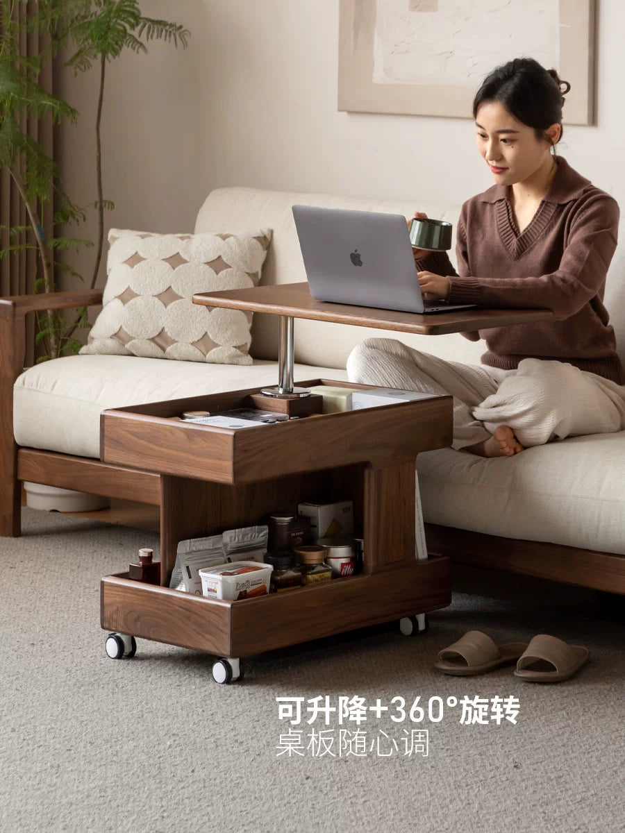源氏木语实木边几可升降旋转茶几黑胡桃木侧边桌客厅可移动小推车