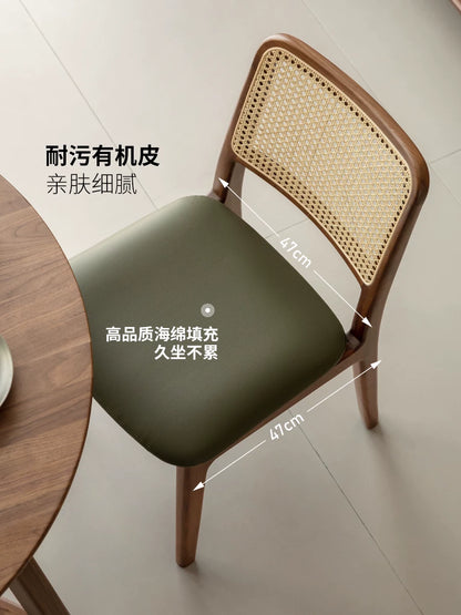 源氏木语实木餐椅黑胡桃木复古藤编椅餐厅吃饭靠背椅家用软包椅