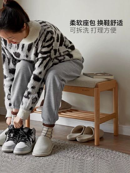 源氏木语实木换鞋凳简约欧洲榉木穿鞋凳客厅家用软包坐垫入户凳子