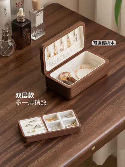 源氏木语实木首饰盒黑胡桃木桌面收纳珠宝盒简约外出便携饰品盒