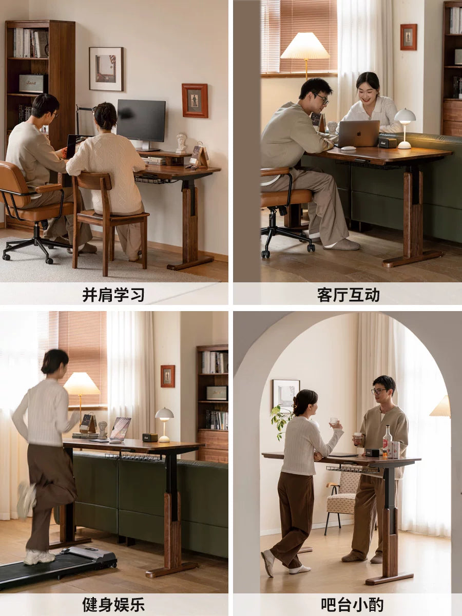 源氏木语智能电动升降书桌家用黑胡桃木办公桌电脑桌站立式工作台