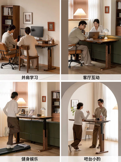源氏木语智能电动升降书桌家用黑胡桃木办公桌电脑桌站立式工作台