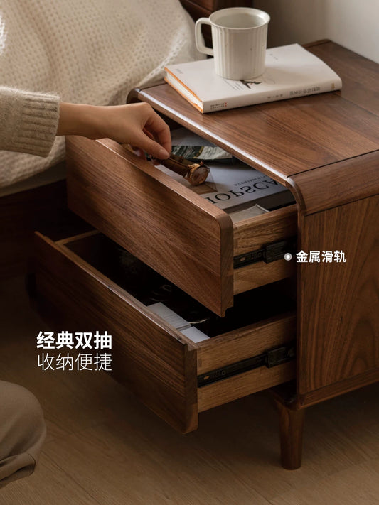 源氏木语实木床头柜简约床边柜卧室带锁抽屉储物柜黑胡桃木家具