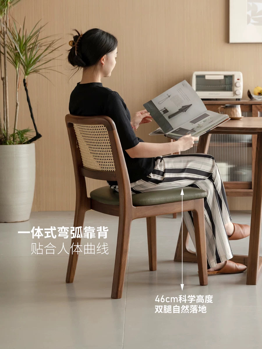 源氏木语实木餐椅黑胡桃木复古藤编椅餐厅吃饭靠背椅家用软包椅