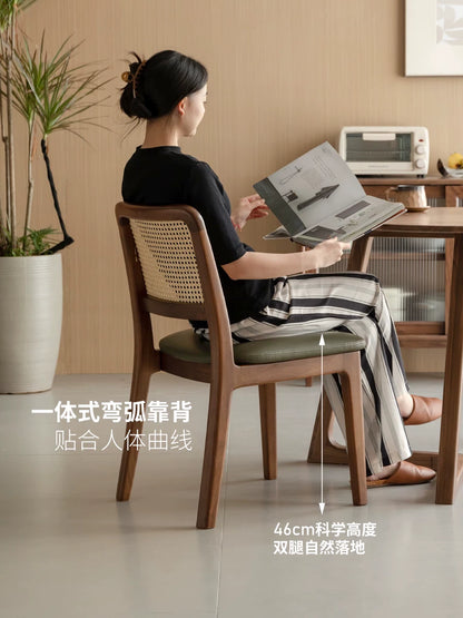 源氏木语实木餐椅黑胡桃木复古藤编椅餐厅吃饭靠背椅家用软包椅