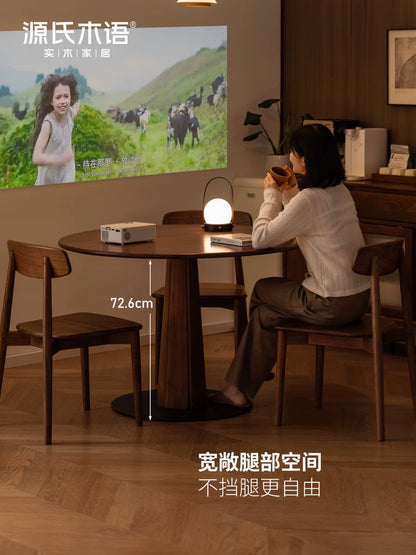 源氏木语实木岩板格林圆桌餐厅家用小户型圆形餐桌复古黑胡桃桌子