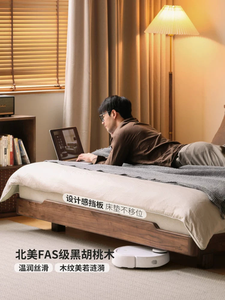 源氏木语全实木床黑胡桃木卧室无床头榻榻米床小户型悬浮床双人床