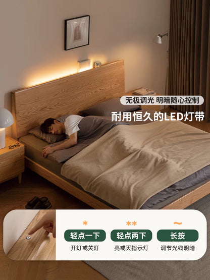 源氏木语实木床简约橡木高靠背双人床卧室家用原木多功能夜灯大床