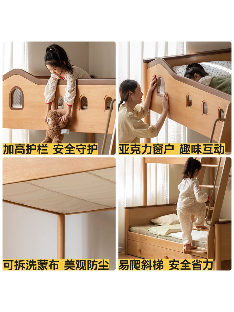 实木儿童高低床简约树屋上下床男孩女孩成人上下铺双人床