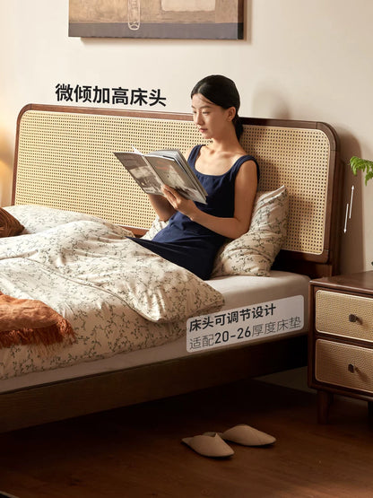 实木床卧室橡木胡桃色藤编床现代简约床头可调双人床