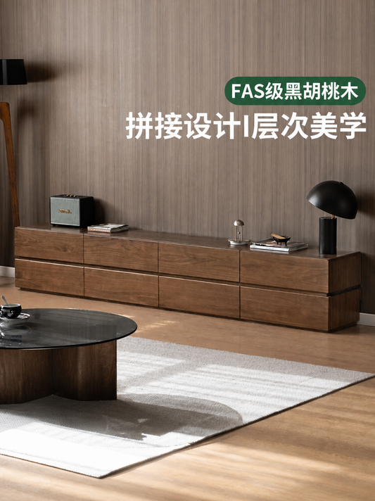 Solid Wood TV Stand Living Room Italian Light Luxury Splicing Floor Cabinet Black Walnut Floor-Standing TV Cabinet