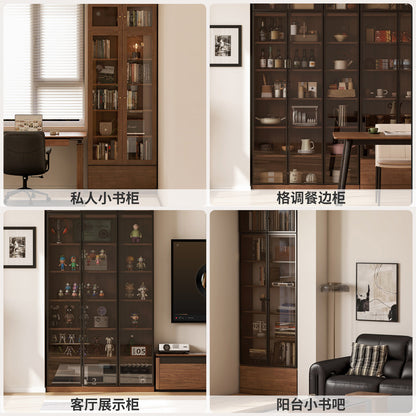 实木书柜胡桃色玻璃展示柜书房落地防尘柜靠墙储物柜