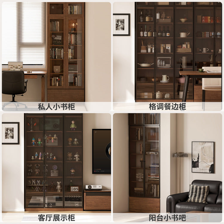 实木书柜胡桃色玻璃展示柜书房落地防尘柜靠墙储物柜